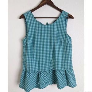 J Crew Green & Gray Gingham Ruffle Sleeveless Top